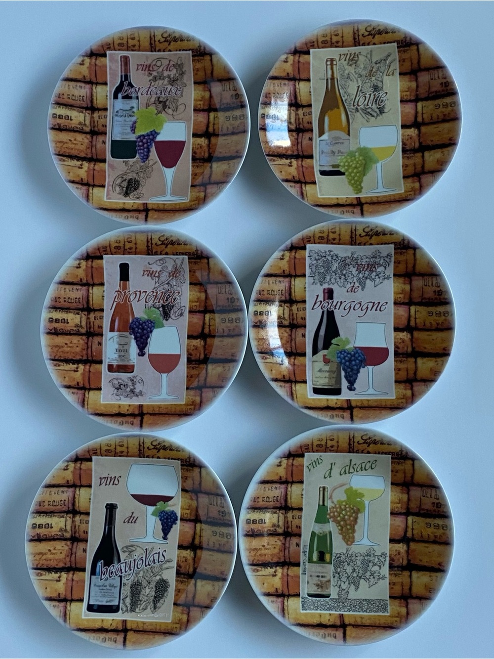 6 Canape Plates by Philippe Deshoulieres Wine & Corks France Vintage EUC Grapes